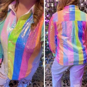Rainbow Stripe Sequin Button Down Top